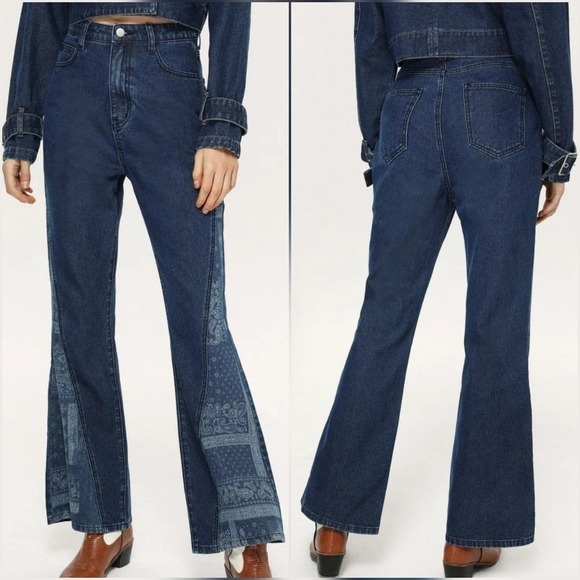Cider Denim - CIDER Mid Rise Paisley Bandana Patch Denim Flare Jeans SZ Large 30 Waist
